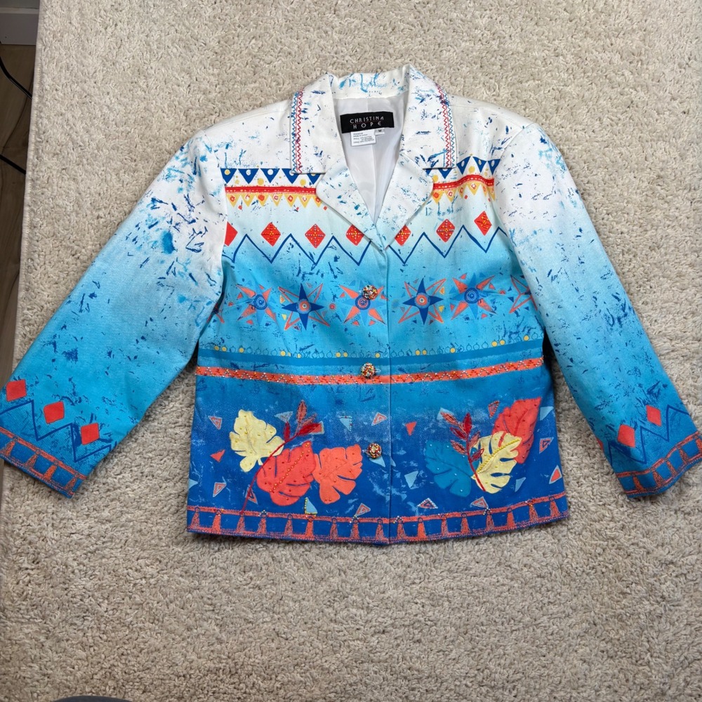 Vintage Christina Hope Blue Tropical Geometric Beaded Blazer‎ Jacket Women Med